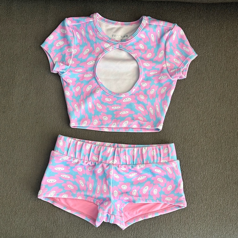 Frankies Bikinis XS Terry blue Crush Set Daisy Dream Top/Bottom Boyshort